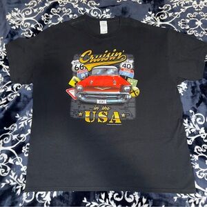 Gildan Black Tee with Red Vintage Car and Yellow USA Graphic